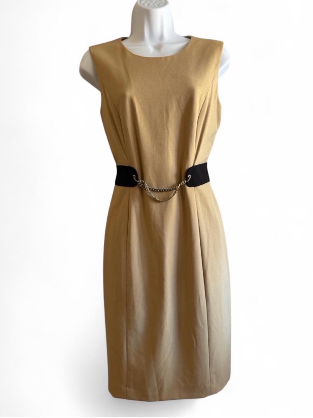 Calvin Klein Tan Midi Sheath Dress with Black Chain Belt